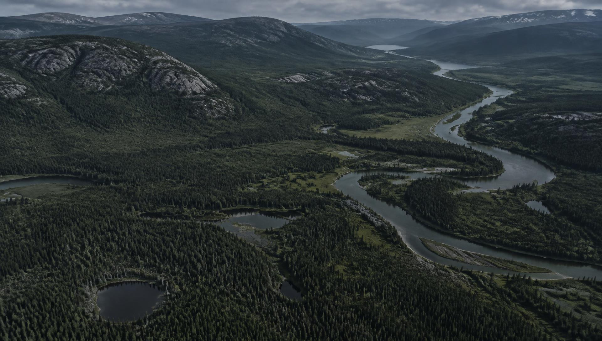 Aerial view of a boreal forest valley with a wide meandering river
