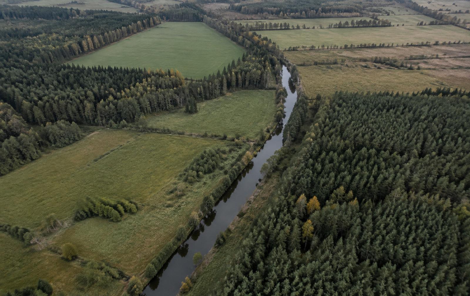 Aerial view of managed forest parcels, meadows and a narrow waterway